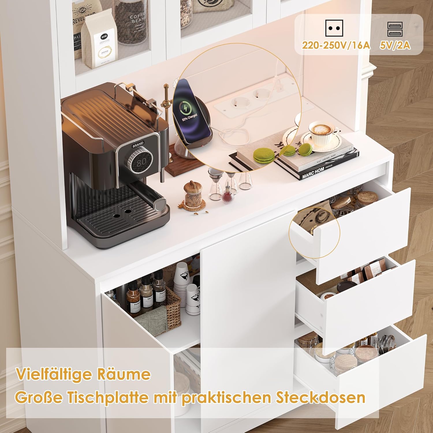 FirFurd Küchenschrank Weiß 180x100x38,5 cm mit LED, Steckdose, Arbeitsplatte, Buffetschrank mit Glastüren & 3 Schubladen