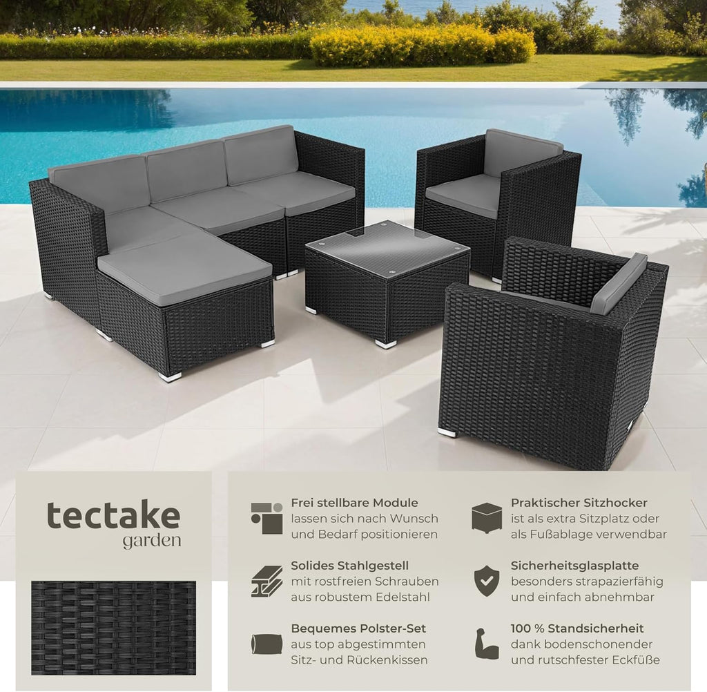 tectake Poly Rattan Lounge Gartenmöbel Set mit Sofa, Sesseln & Tisch – Wetterfeste Outdoor Sitzgruppe