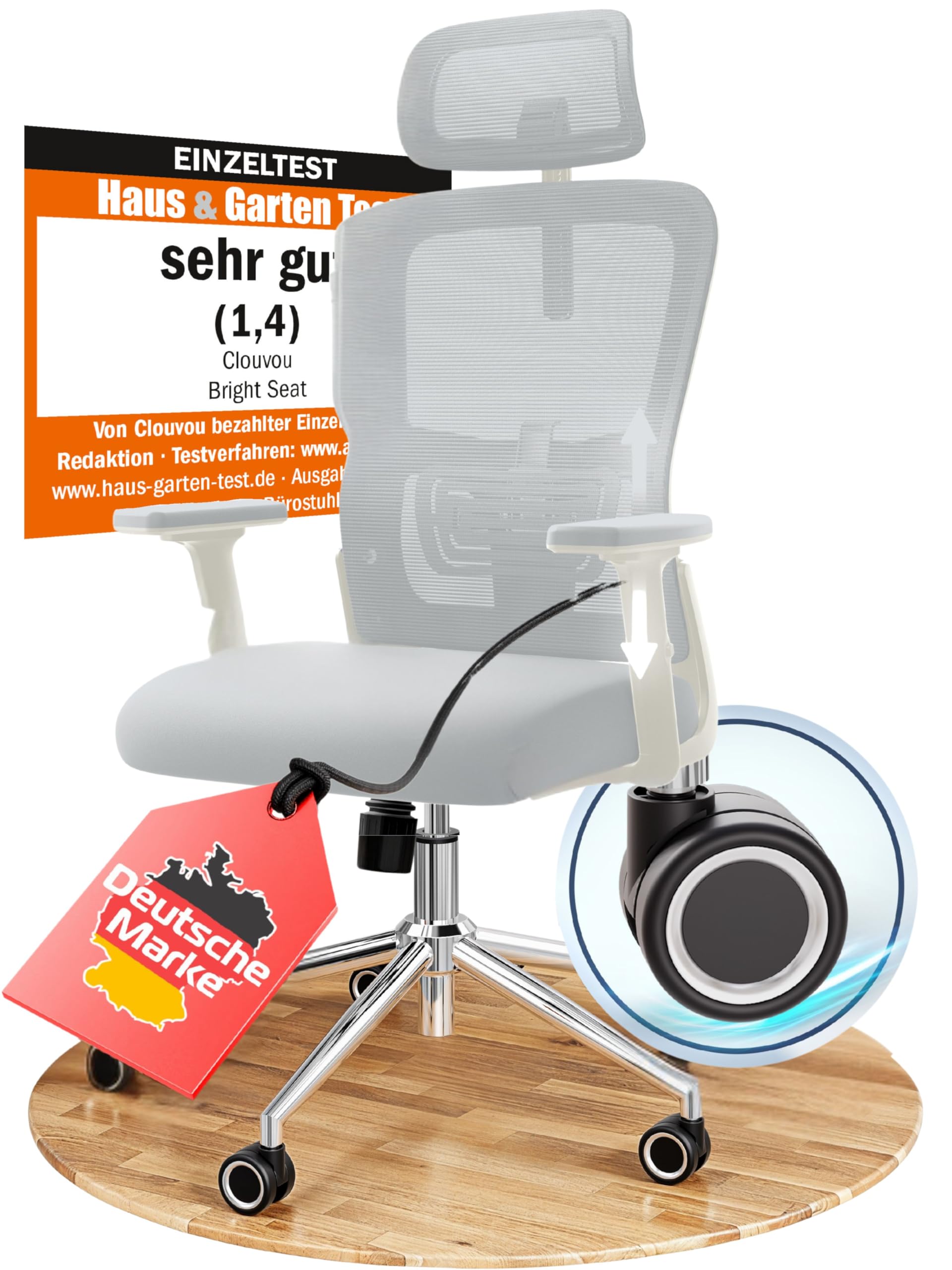 CLOUVOU BrightSeat Bürostuhl Ergonomisch Schwarz bis 150 kg mit Kopfstütze, Lendenstütze, 2D Armlehnen, Drehstuhl