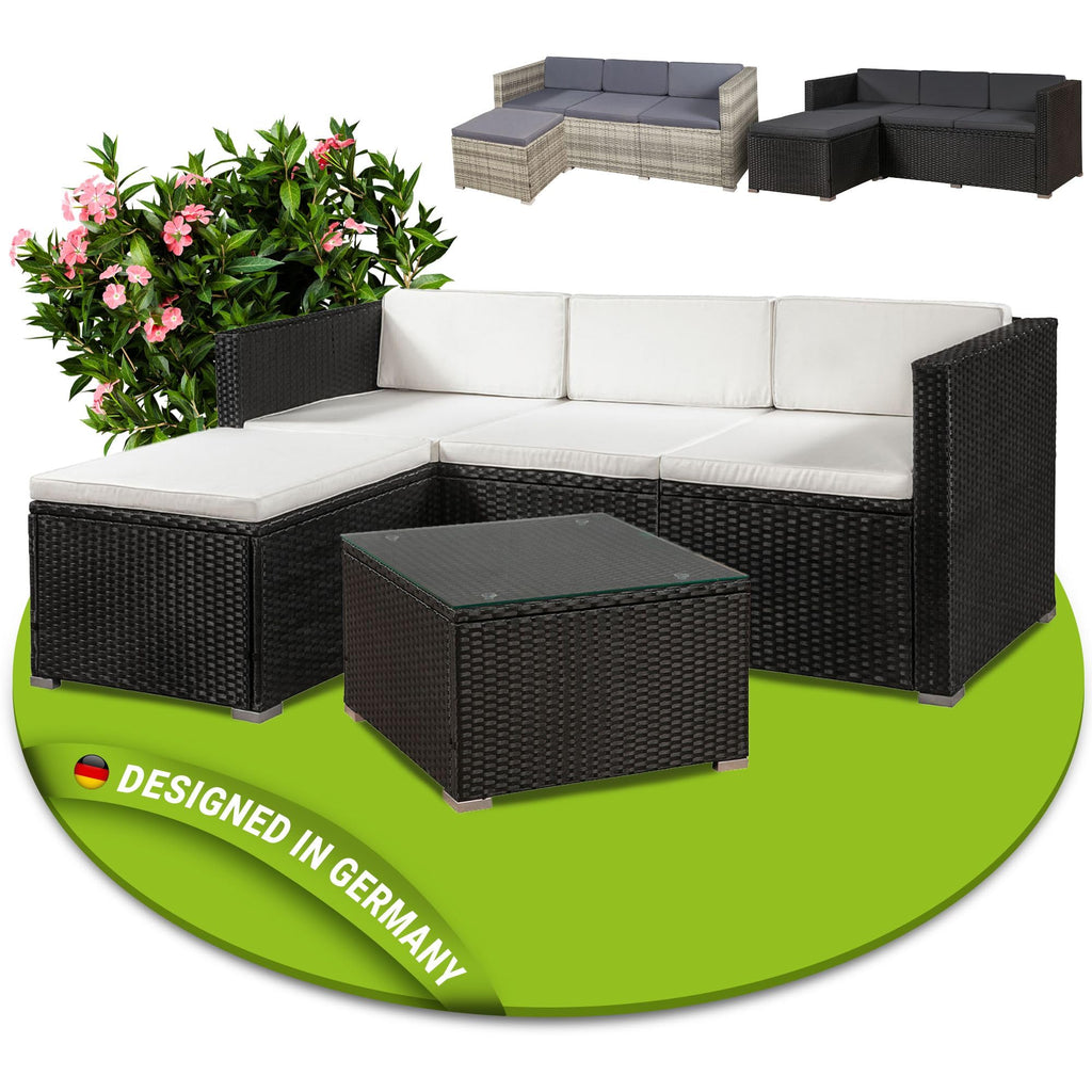Juskys Polyrattan Lounge Set für 3-4 Personen mit Sofa, Hocker, Tisch & Kissen, Wetterfeste Gartenmöbel