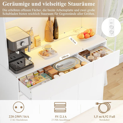 FirFurd Küchenschrank Buffetschrank Weiß 180x100x38,5 cm mit LED, Steckdose, Arbeitsplatte, Sideboard mit Türen & Schubladen