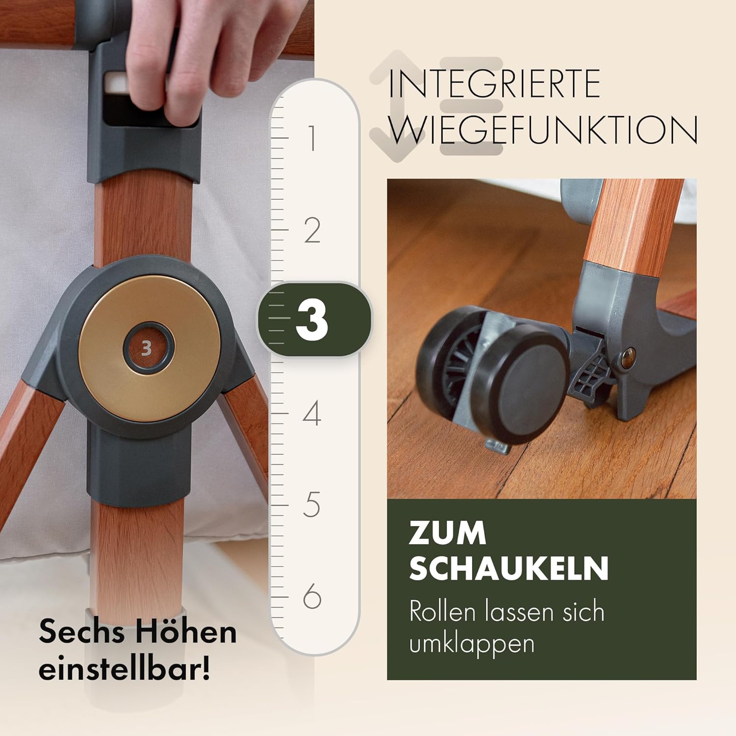 KUNU Babybett Beistellbett 3in1 mit Rollen Beige höhenverstellbar