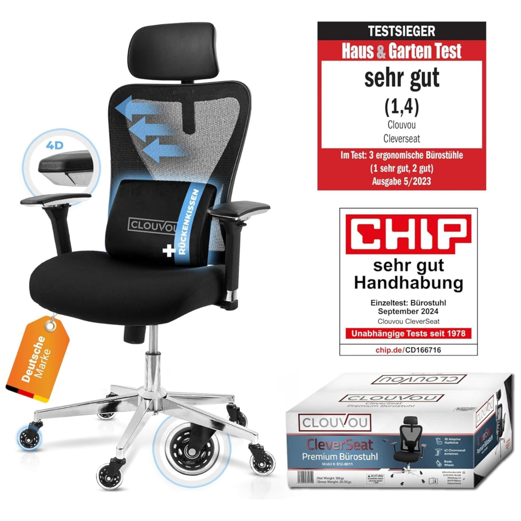 CLOUVOU BrightSeat Bürostuhl Ergonomisch Schwarz bis 150 kg mit Kopfstütze, Lendenstütze, 2D Armlehnen, Drehstuhl