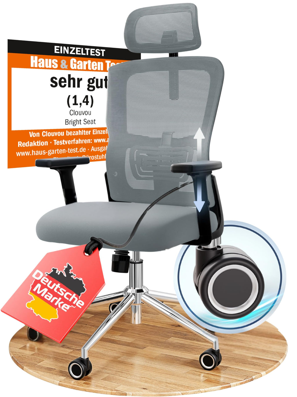 CLOUVOU BrightSeat Bürostuhl Ergonomisch Schwarz bis 150 kg mit Kopfstütze, Lendenstütze, 2D Armlehnen, Drehstuhl