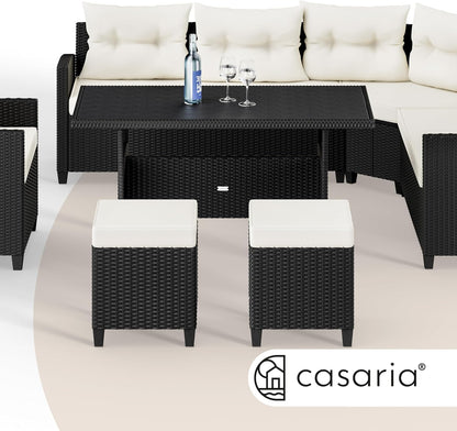 Casaria Polyrattan Ecklounge Set Schwarz mit WPC Tisch, Sessel & 2 Hockern, Wetterfeste Gartenmöbel für Terrasse & Balkon