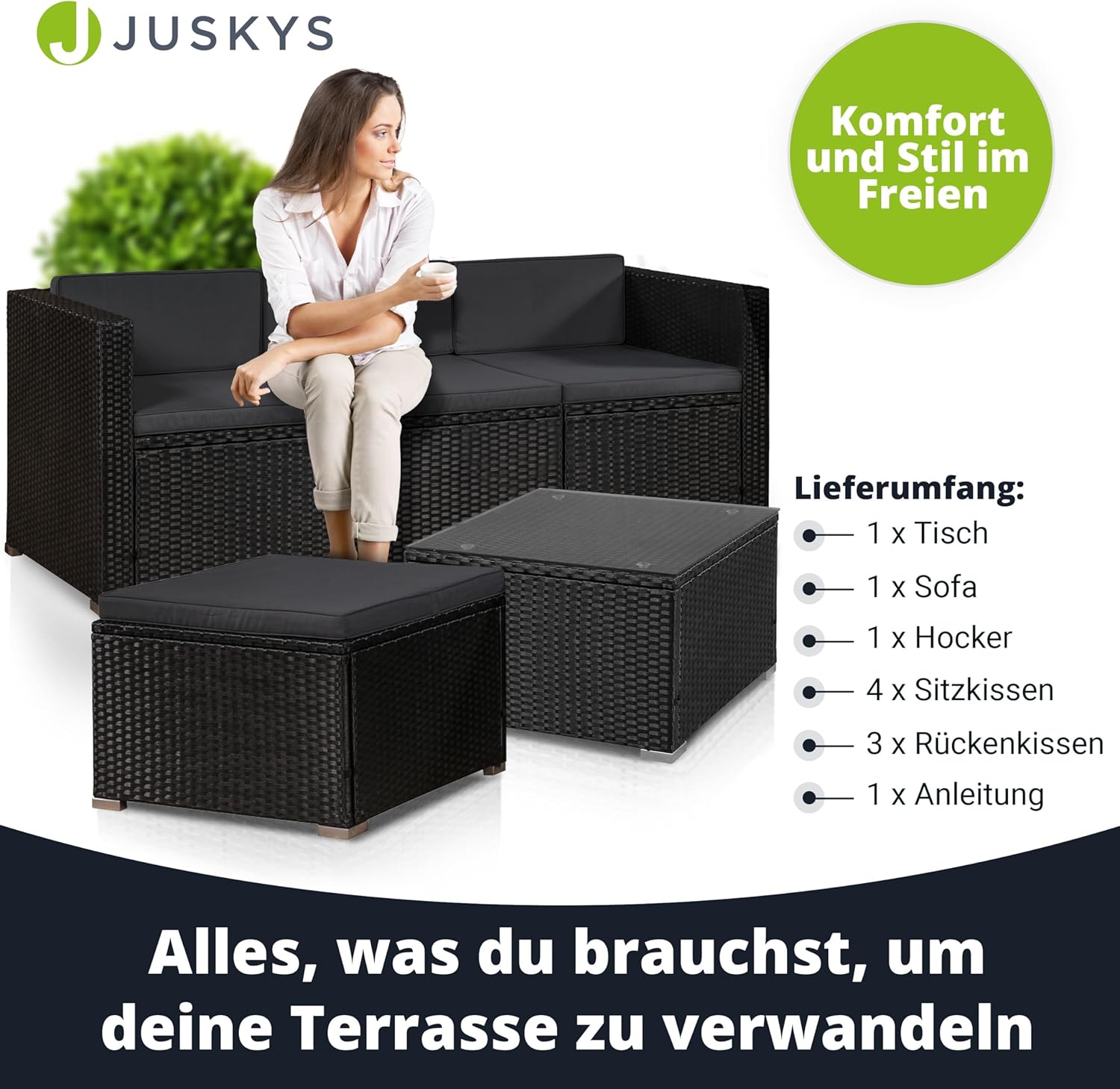Juskys Polyrattan Lounge Set für 3-4 Personen mit Sofa, Hocker, Tisch & Kissen, Wetterfeste Gartenmöbel
