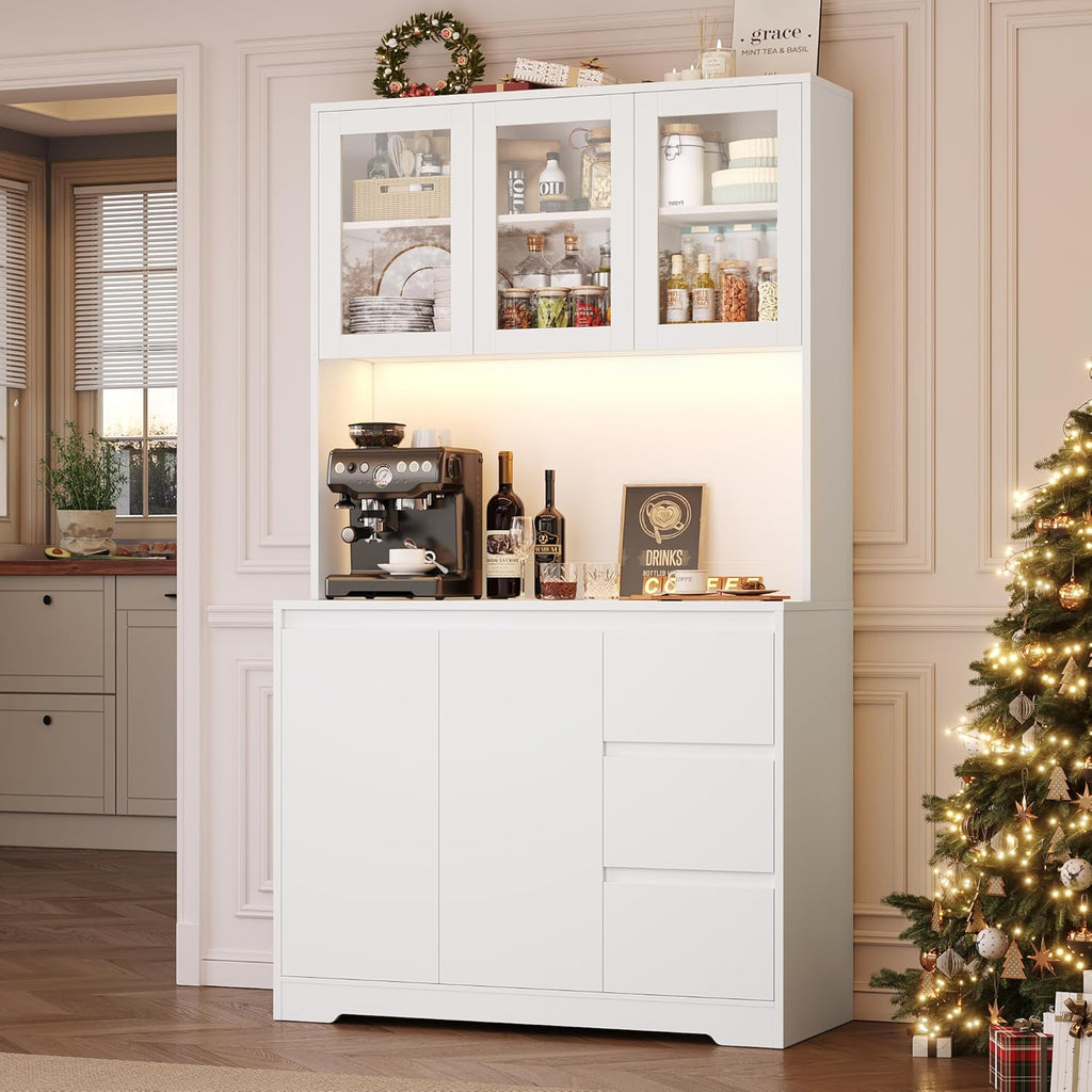 FirFurd Küchenschrank Weiß 180x100x38,5 cm mit LED, Steckdose, Arbeitsplatte, Buffetschrank mit Glastüren & 3 Schubladen
