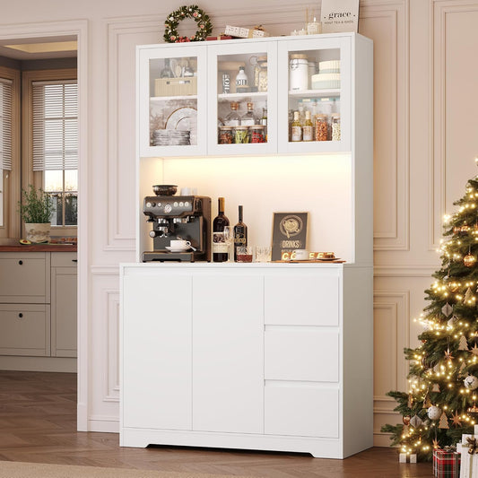 FirFurd Küchenschrank Weiß 180x100x38,5 cm mit LED, Steckdose, Arbeitsplatte, Buffetschrank mit Glastüren & 3 Schubladen
