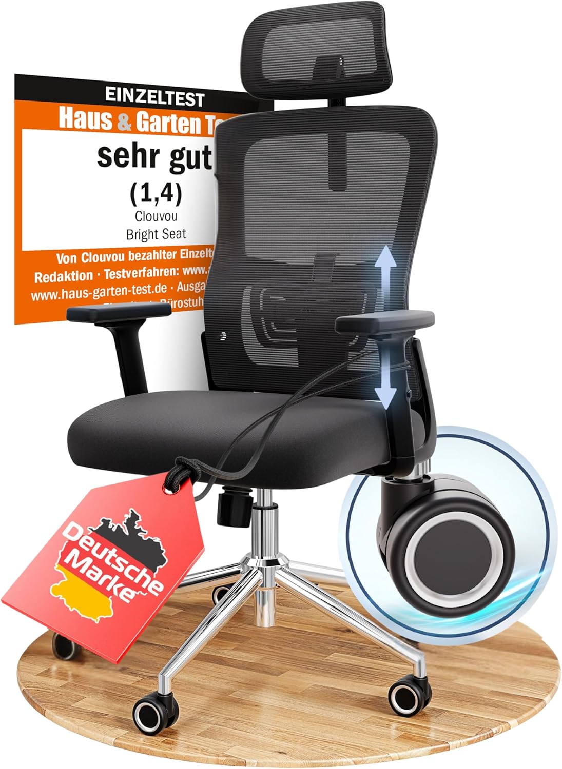 CLOUVOU BrightSeat Bürostuhl Ergonomisch Schwarz bis 150 kg mit Kopfstütze, Lendenstütze, 2D Armlehnen, Drehstuhl