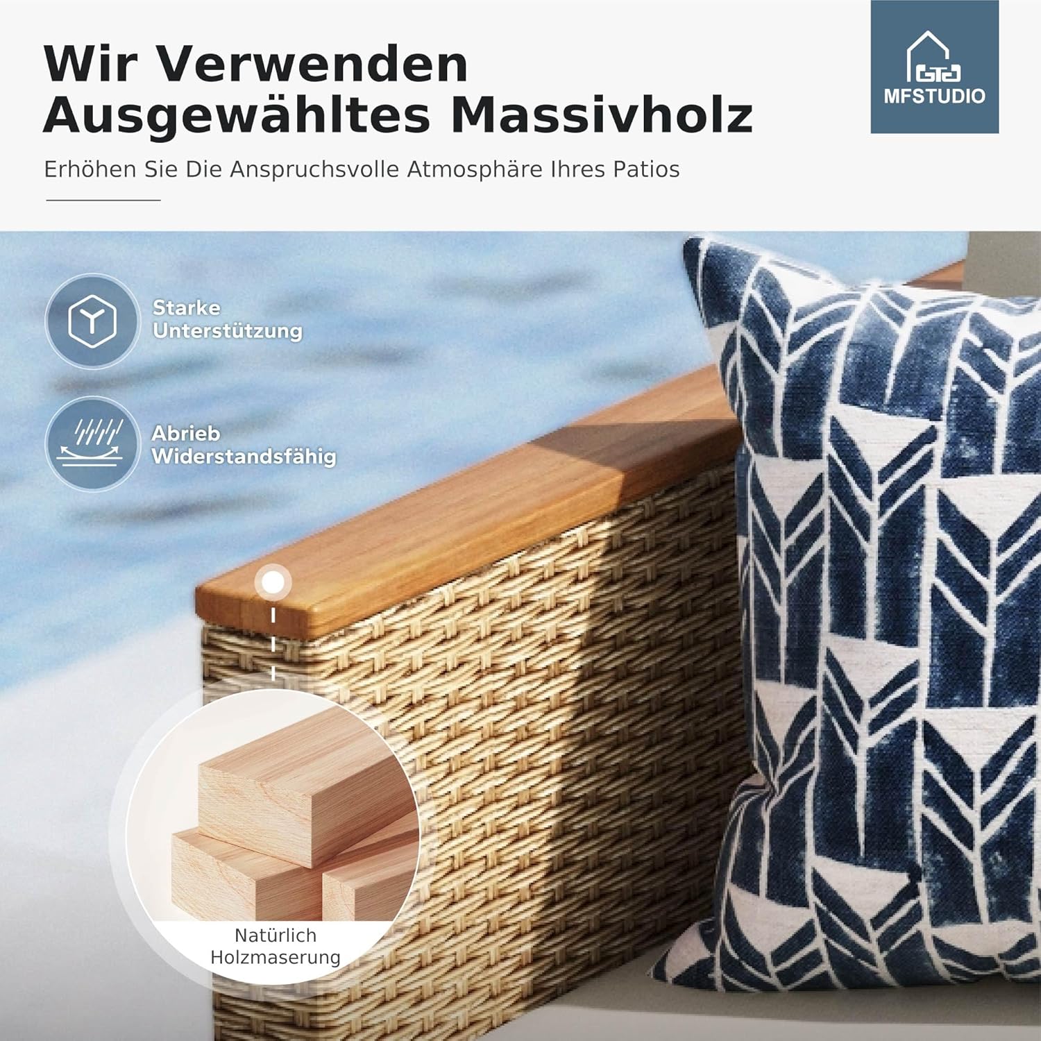 MFSTUDIO Gartenmöbel Set Polyrattan Braun 3-teilig L-Form mit Kissen & Akazienholz Tisch, Lounge Set für 4 Personen