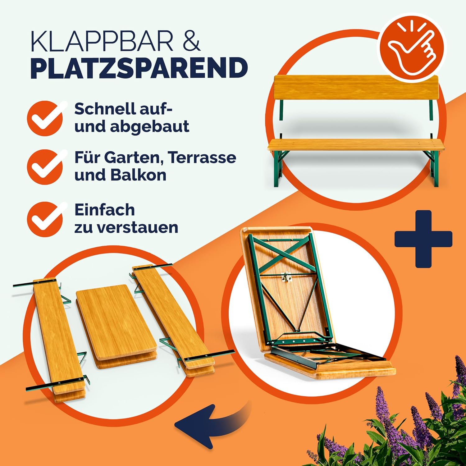 Casaria Bierzeltgarnitur 170 cm Braun Holz Stahl klappbar mit Lehne 3-teilig Bierbank Set Tisch Outdoor