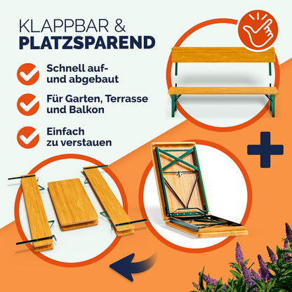 Casaria Bierzeltgarnitur 170 cm Braun Holz Stahl klappbar mit Lehne 3-teilig Bierbank Set Tisch Outdoor