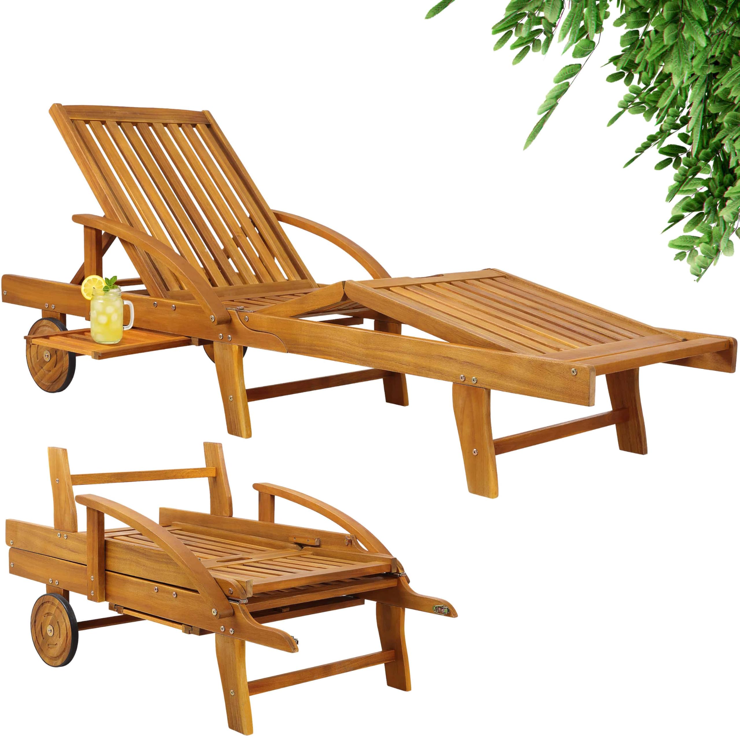 Casaria Sonnenliege 2er Set Akazienholz Klappbar Wetterfest mit Rädern & Ausziehtisch Gartenliege Braun 196 cm