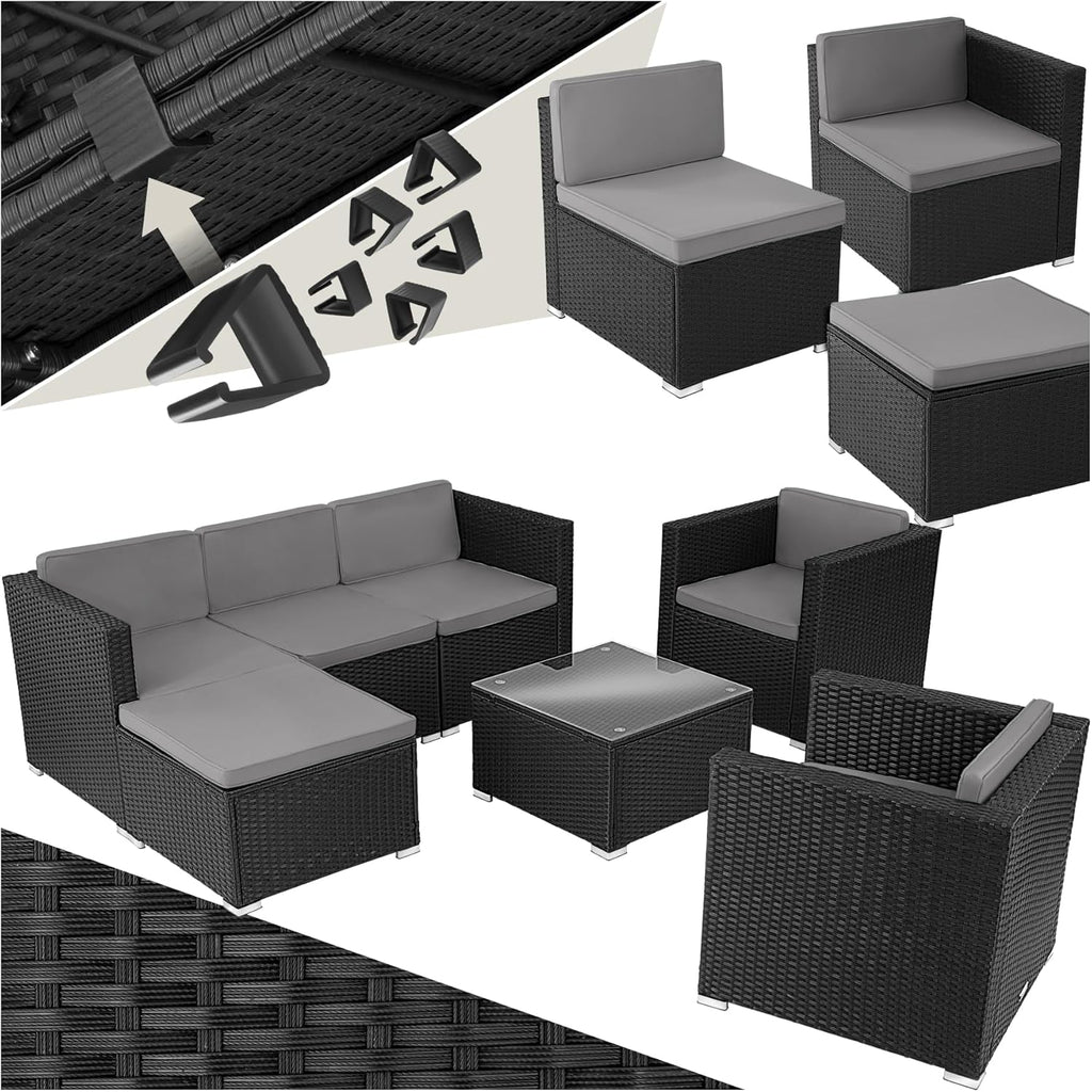 tectake Poly Rattan Lounge Gartenmöbel Set mit Sofa, Sesseln & Tisch – Wetterfeste Outdoor Sitzgruppe