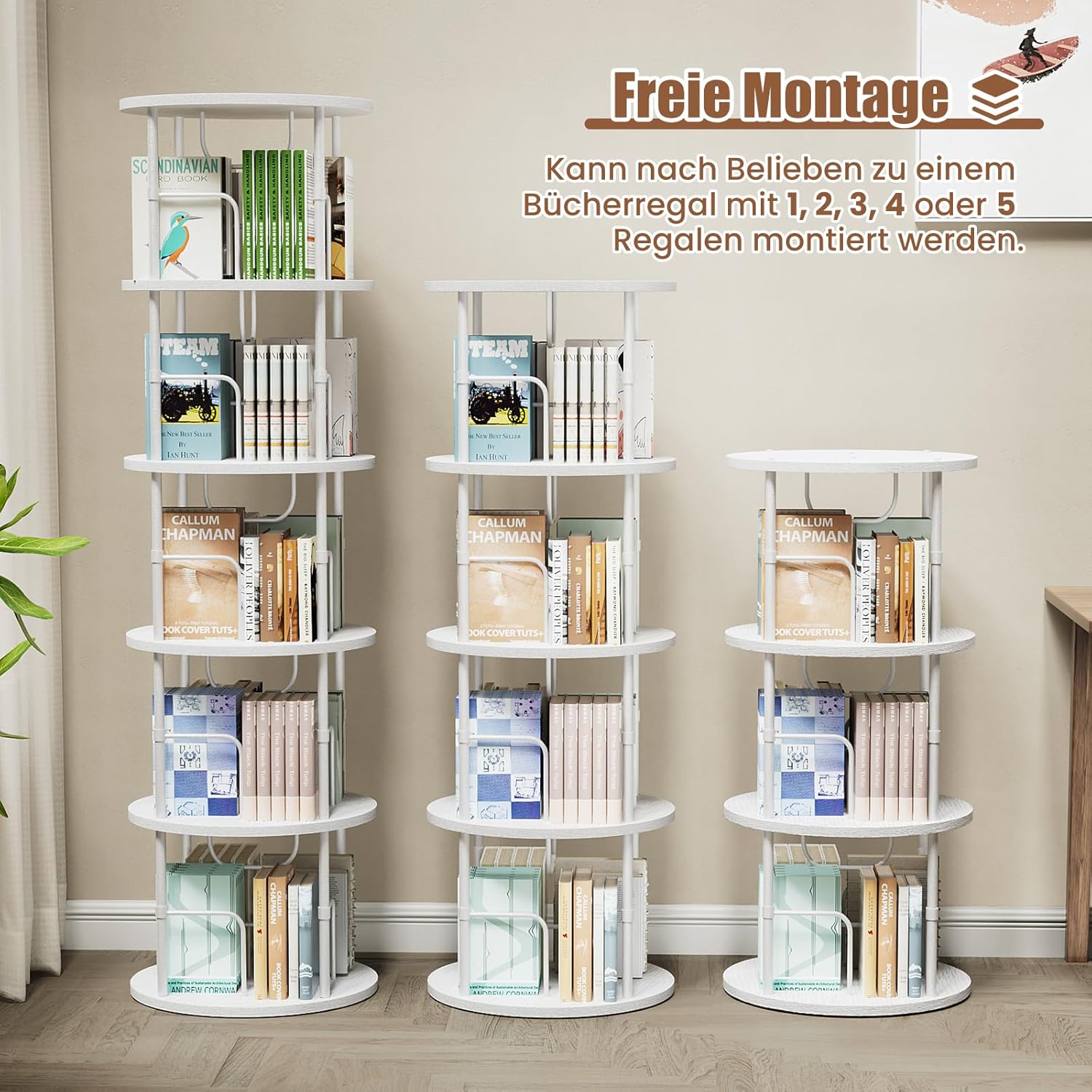 360° Drehbares Bücherregal, Bodenstehendes Bücherschrank Aus Holz, Bookshelf Mit 5 Ebenen, Verstellbare Ebenen, Standregal, 45×45×160cm, Weiß