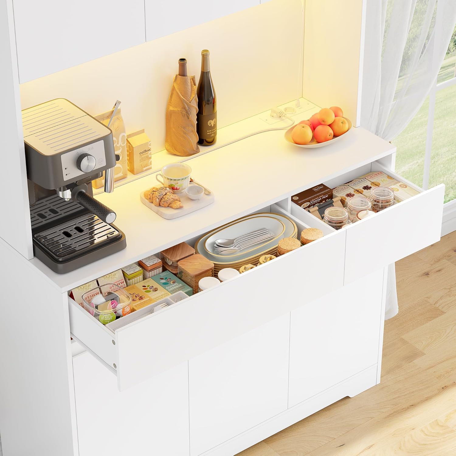 FirFurd Küchenschrank Buffetschrank Weiß 180x100x38,5 cm mit LED, Steckdose, Arbeitsplatte, Sideboard mit Türen & Schubladen