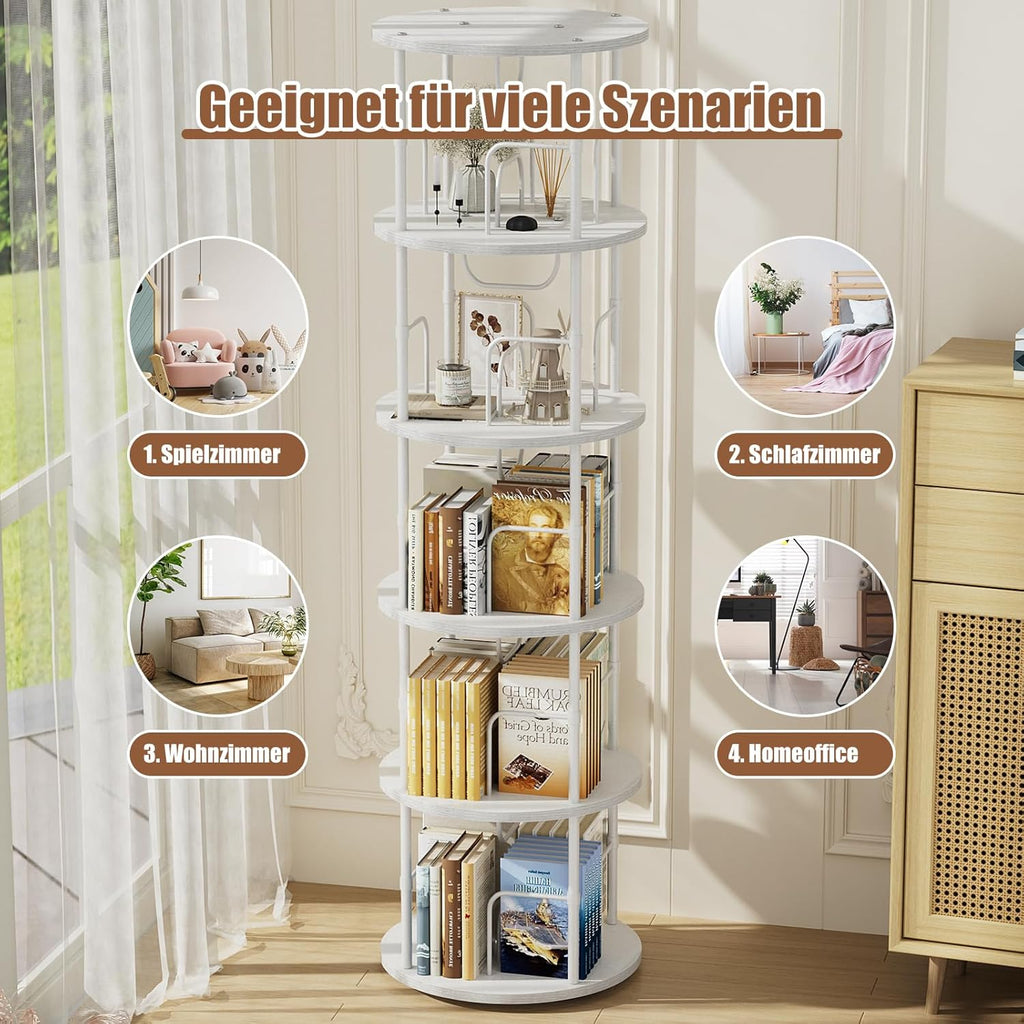360° Drehbares Bücherregal, Bodenstehendes Bücherschrank Aus Holz, Bookshelf Mit 5 Ebenen, Verstellbare Ebenen, Standregal, 45×45×160cm, Weiß