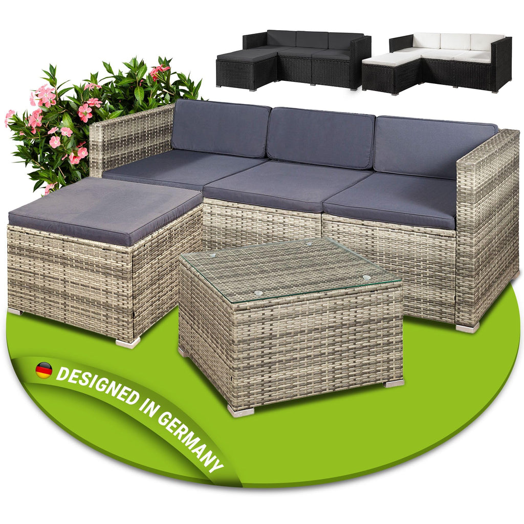 Juskys Polyrattan Lounge Set für 3-4 Personen mit Sofa, Hocker, Tisch & Kissen, Wetterfeste Gartenmöbel
