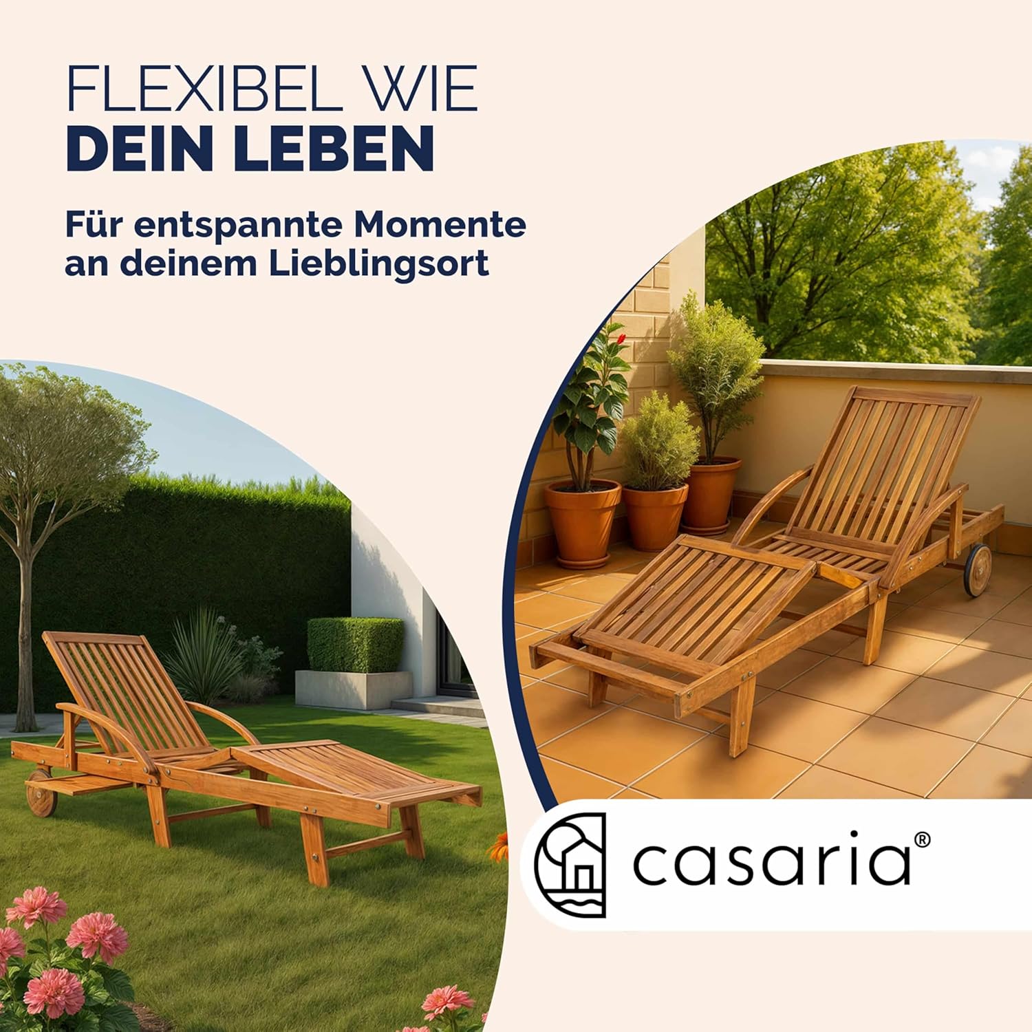 Casaria Sonnenliege 2er Set aus Akazienholz, Braun, klappbar mit Rädern & Tisch, 195x59x30 cm