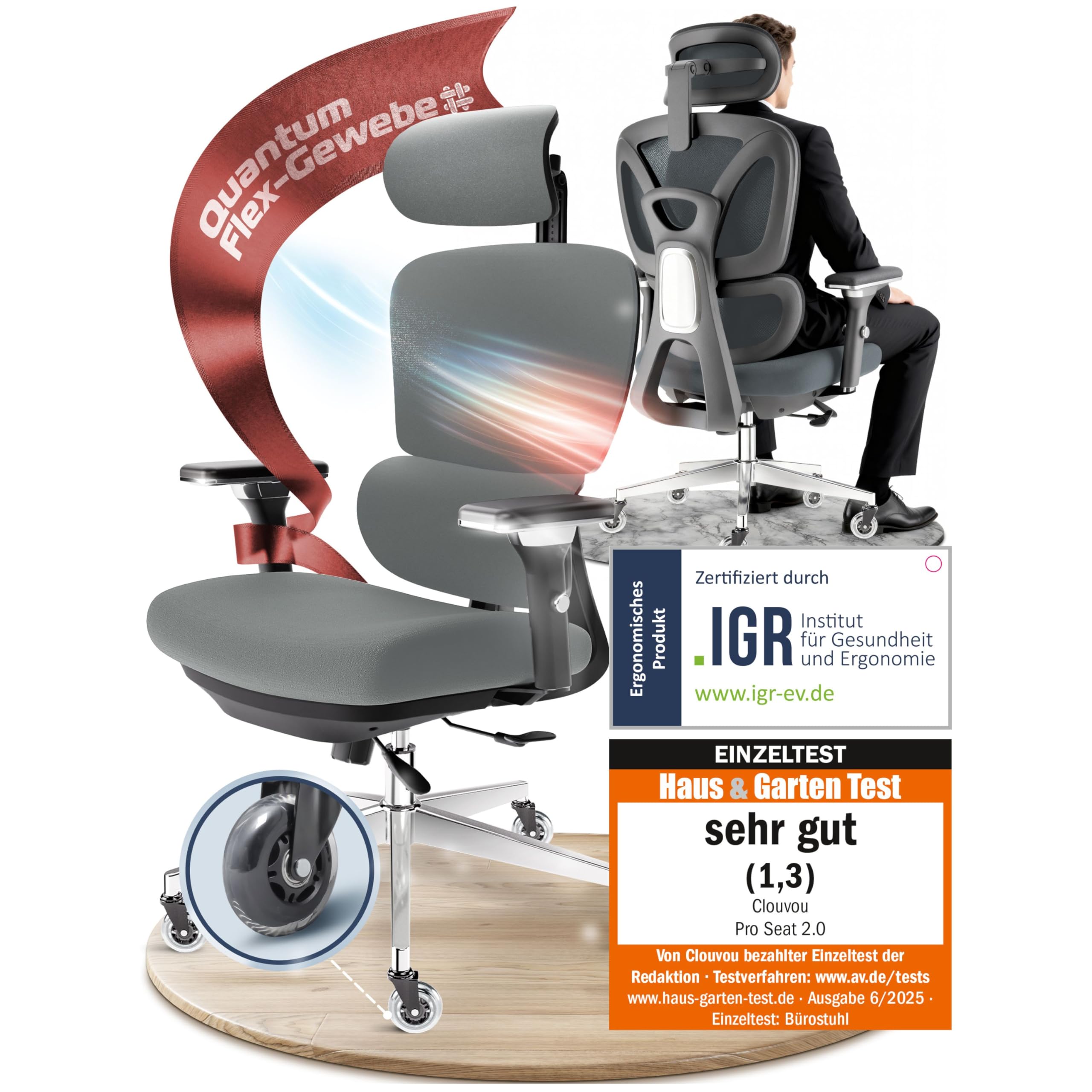 CLOUVOU BrightSeat Bürostuhl Ergonomisch Schwarz bis 150 kg mit Kopfstütze, Lendenstütze, 2D Armlehnen, Drehstuhl