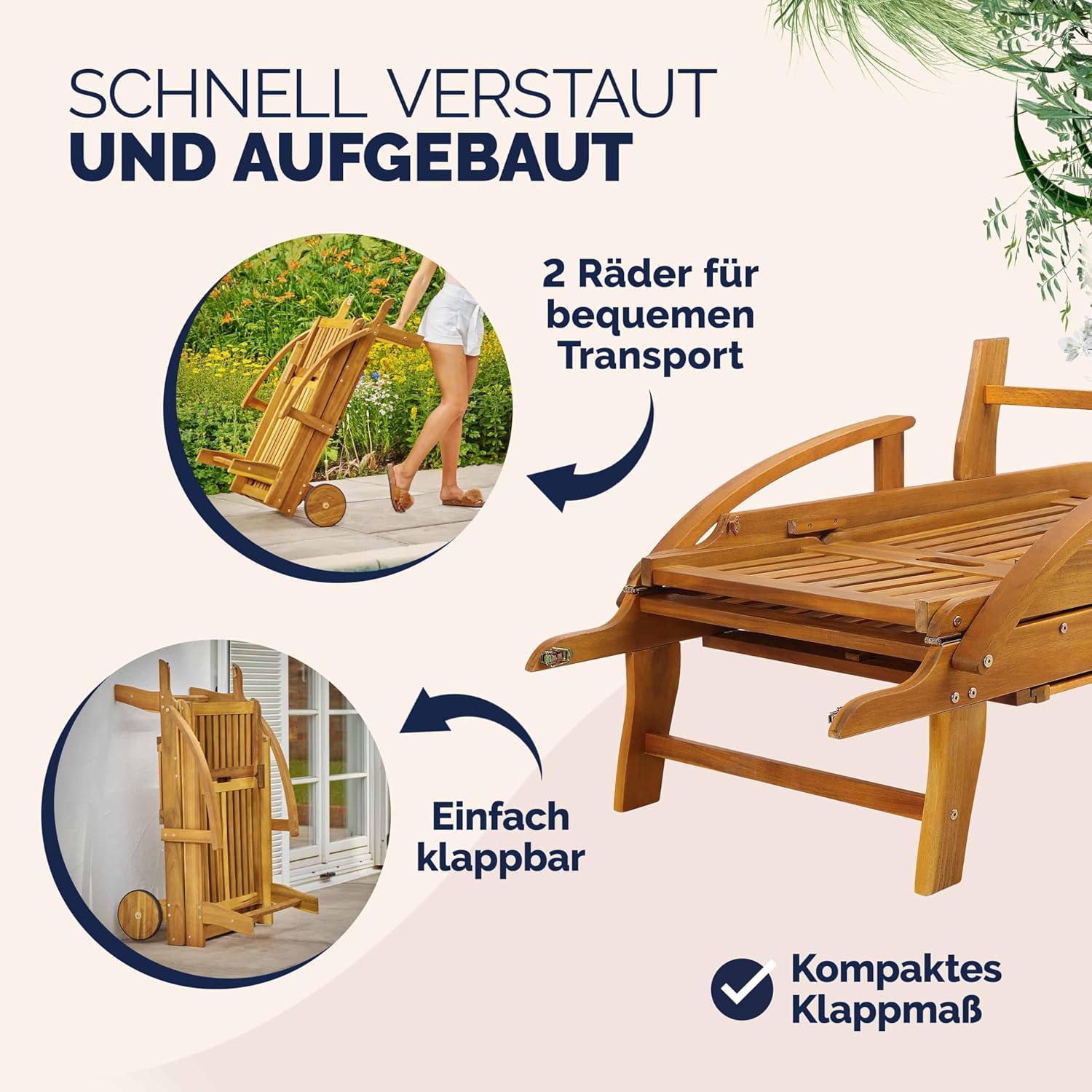 Casaria Sonnenliege 2er Set Akazienholz Klappbar Wetterfest mit Rädern & Ausziehtisch Gartenliege Braun 196 cm