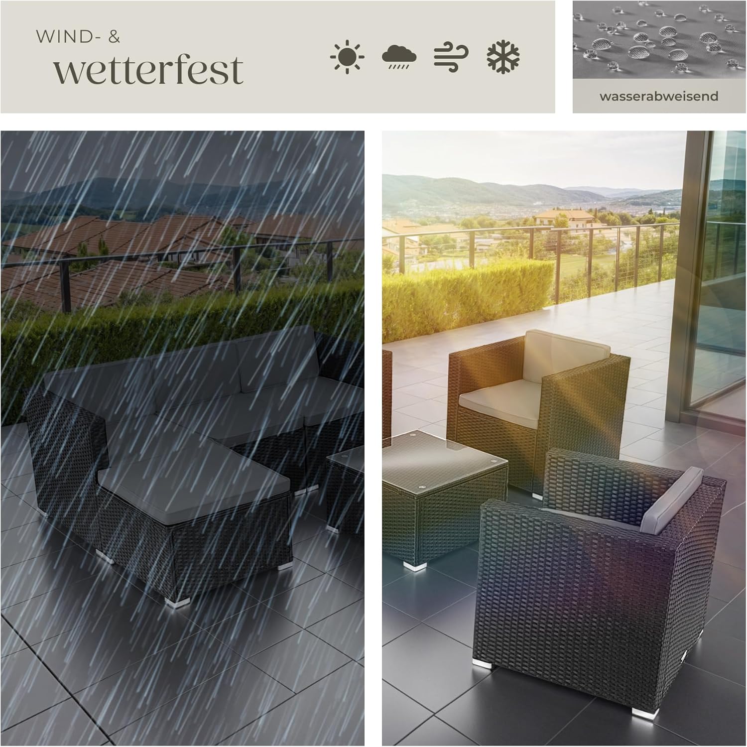 tectake Poly Rattan Lounge Gartenmöbel Set mit Sofa, Sesseln & Tisch – Wetterfeste Outdoor Sitzgruppe
