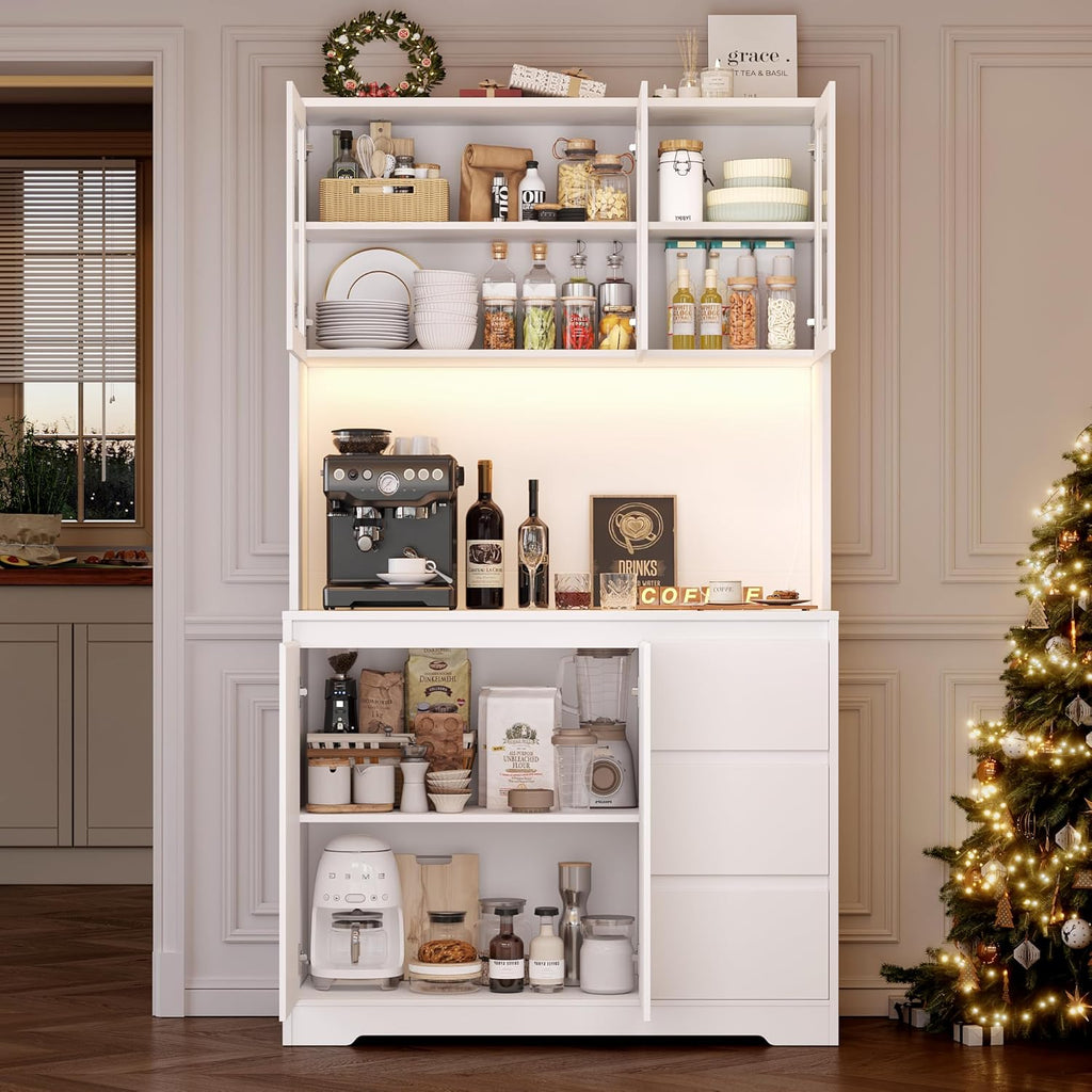 FirFurd Küchenschrank Weiß 180x100x38,5 cm mit LED, Steckdose, Arbeitsplatte, Buffetschrank mit Glastüren & 3 Schubladen