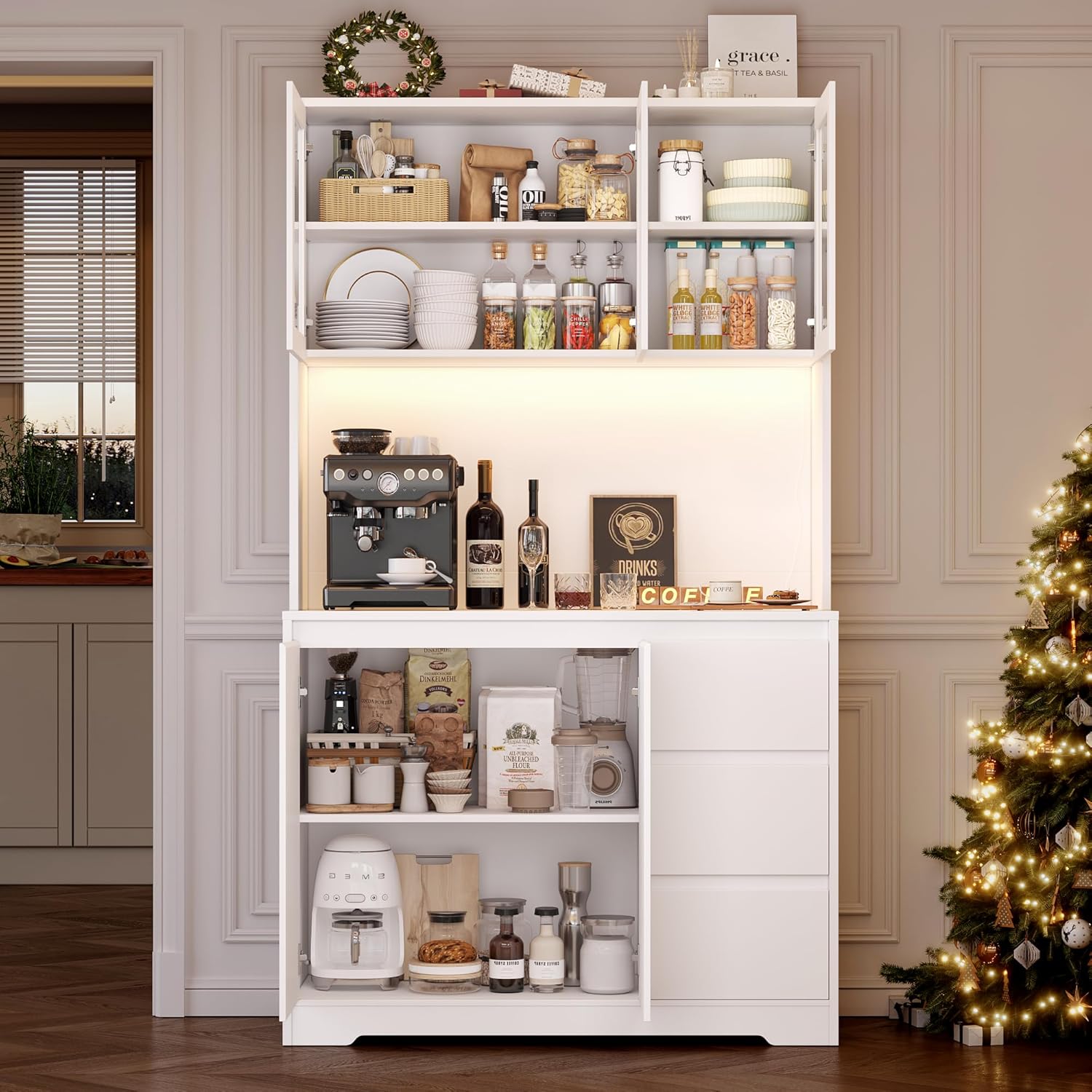 FirFurd Küchenschrank Weiß 180x100x38,5 cm mit LED, Steckdose, Arbeitsplatte, Buffetschrank mit Glastüren & 3 Schubladen