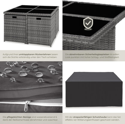 tectake Rattan Lounge Set mit Aluminiumgestell, 4 Stühle, 4 Hocker & Glastisch Wetterfeste Gartenmöbel
