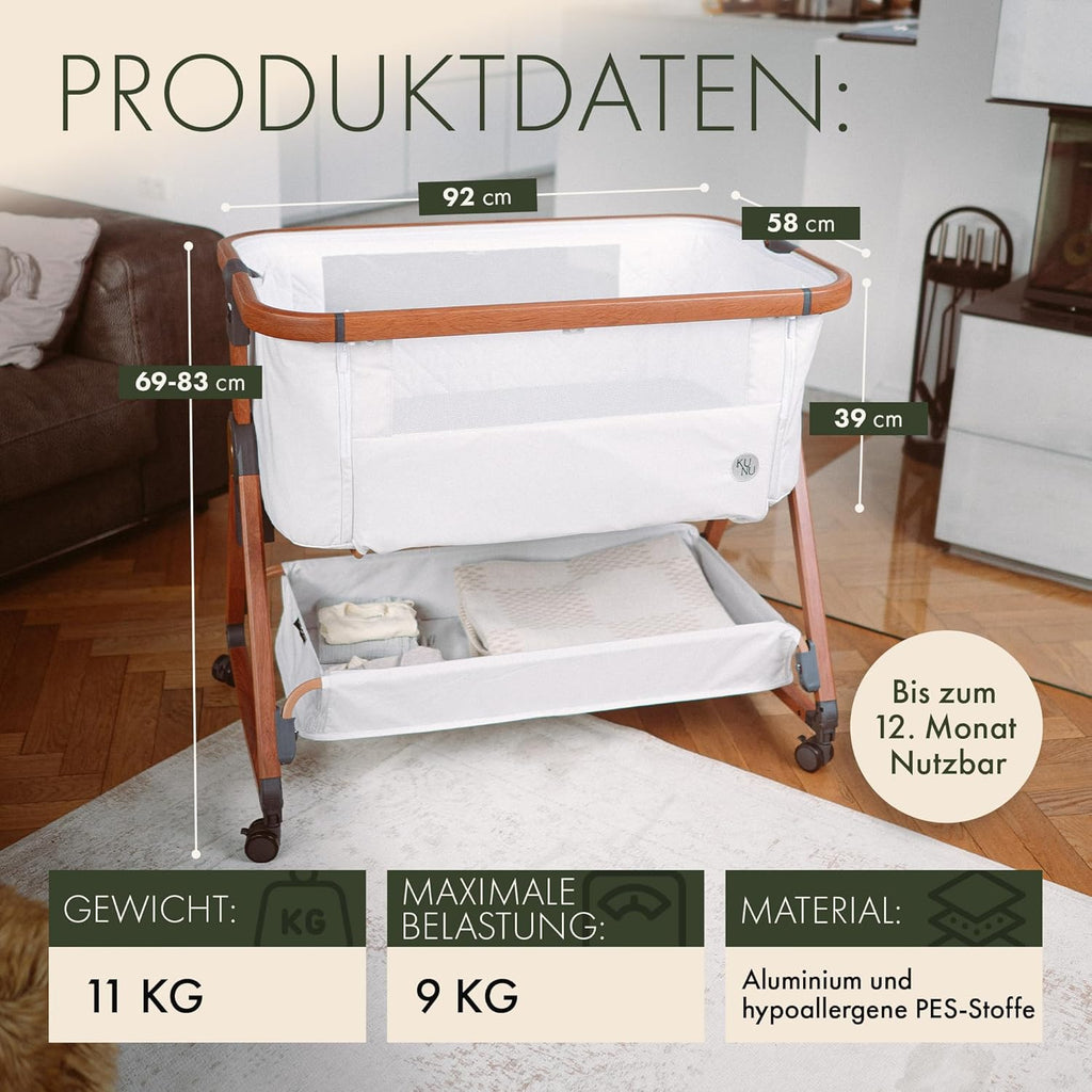 KUNU Babybett Beistellbett 3in1 mit Rollen Beige höhenverstellbar