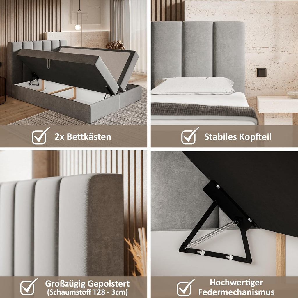 Motivena Santiago Boxspringbett 160x200 Beige Samt – Bett mit Bettkasten, Bonellfederkern Matratze H4 & Komfortschaum Topper H3