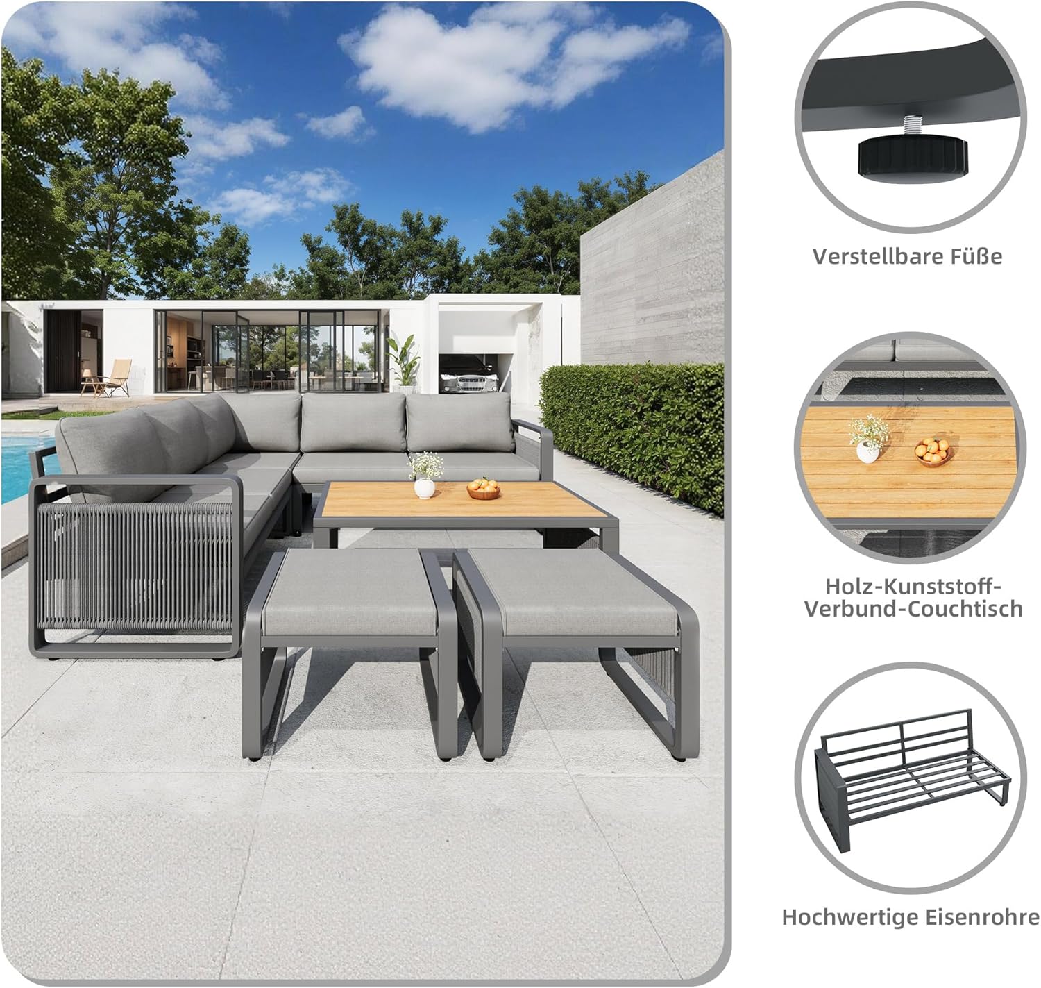 Merax Gartenmöbel Lounge Set Grau für 6-7 Personen, Wetterfestes Gartensofa mit Liege & Eckgarnitur für Terrasse und Balkon