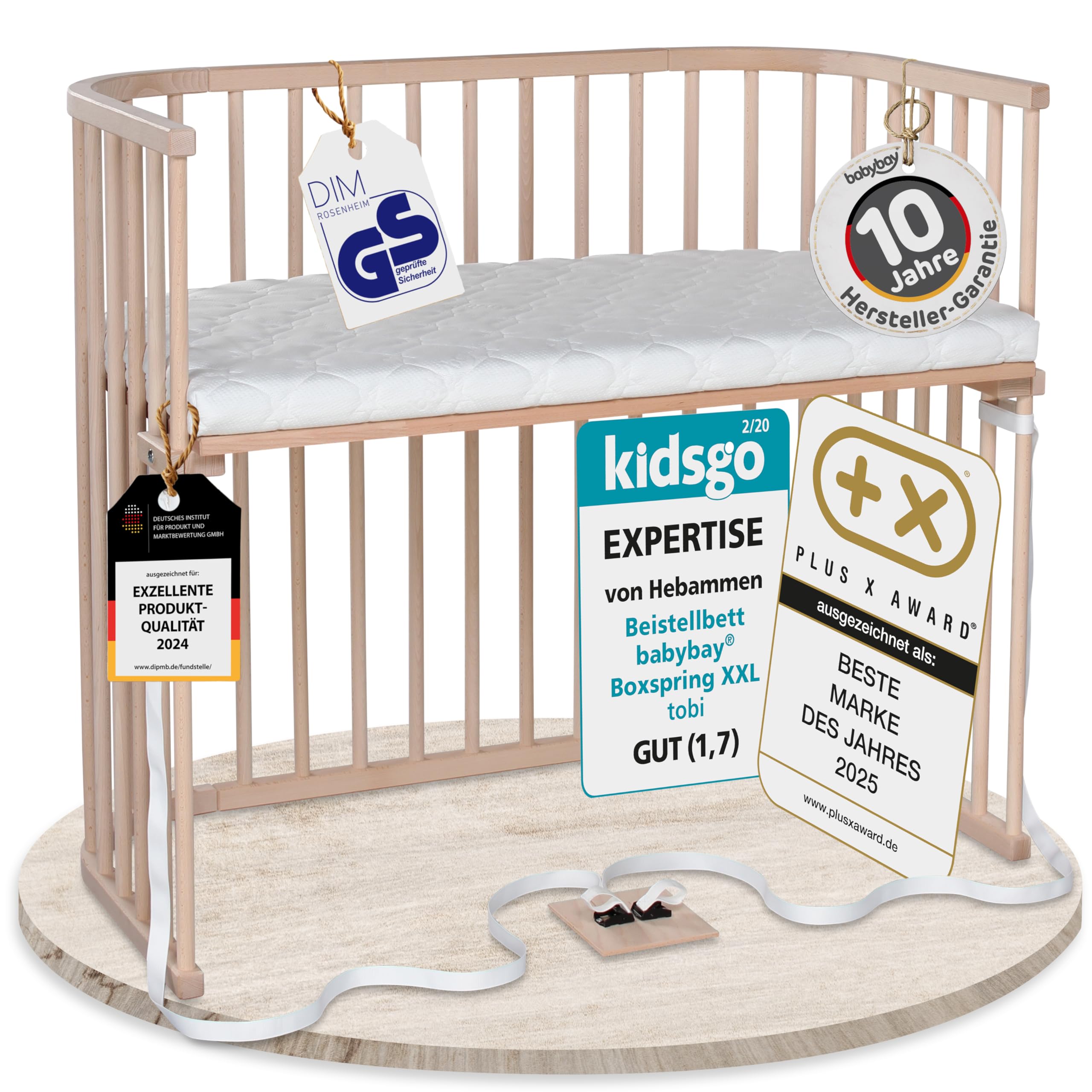 babybay Original Beistellbett aus massivem Buchenholz mit Matratze – Höhenverstellbares mitwachsendes Babybett