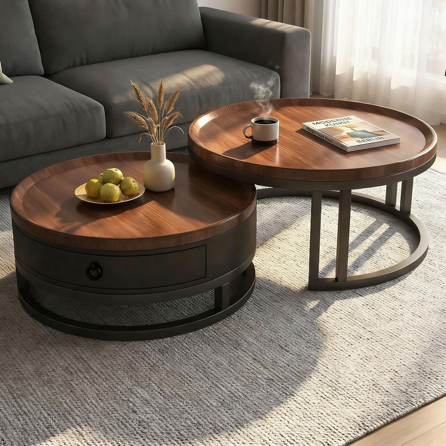 Couchtisch rund 2er Set mit Stauraum, Wohnzimmertisch mit Holz Schubladen, Walnussoptik und Metallrahmen, Moderne Kaffeetische Satztische Sofatisch für Wohnzimmer Schlafzimmer