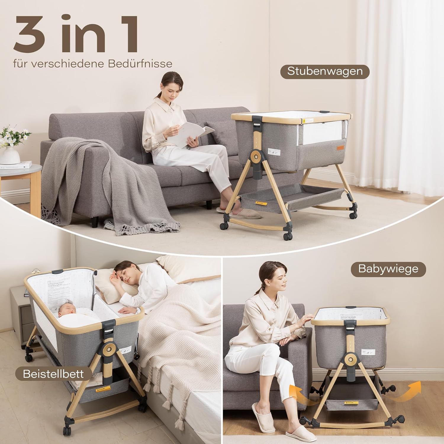 Maydolly 3-in-1 Baby Beistellbett Grau mit Matratze & Moskitonetz, Höhenverstellbares Reisebett mit Rollen für Neugeborene