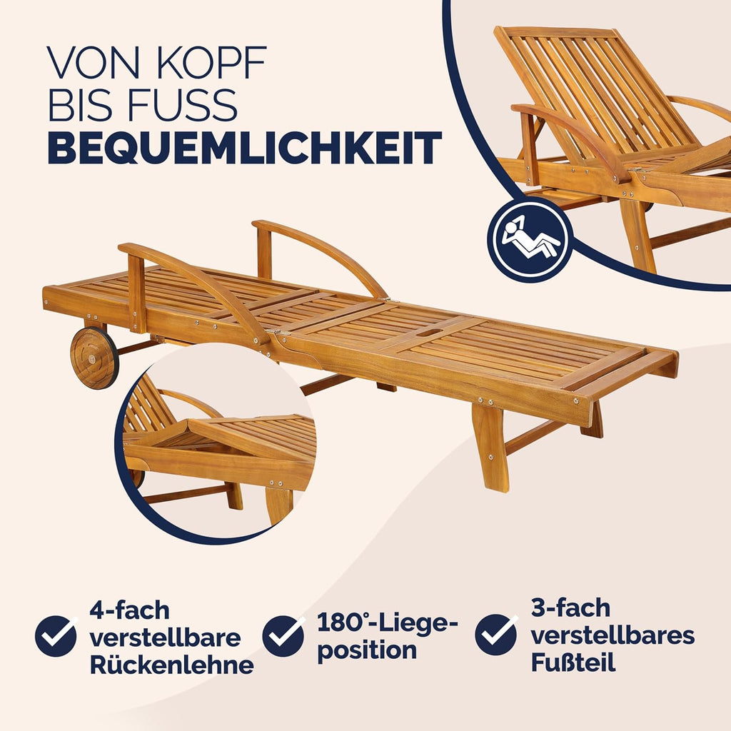 Casaria Sonnenliege 2er Set Akazienholz Klappbar Wetterfest mit Rädern & Ausziehtisch Gartenliege Braun 196 cm