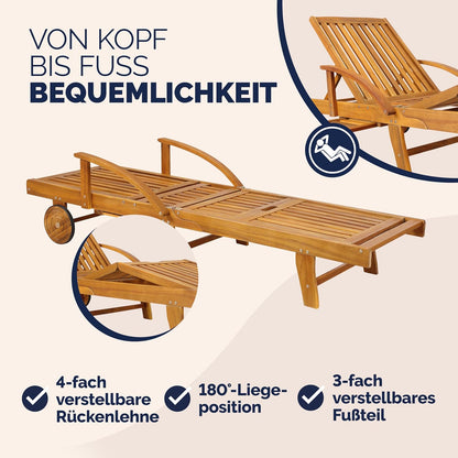 Casaria Sonnenliege 2er Set Akazienholz Klappbar Wetterfest mit Rädern & Ausziehtisch Gartenliege Braun 196 cm