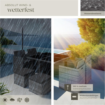 tectake Rattan Lounge Set mit Aluminiumgestell, 4 Stühle, 4 Hocker & Glastisch Wetterfeste Gartenmöbel