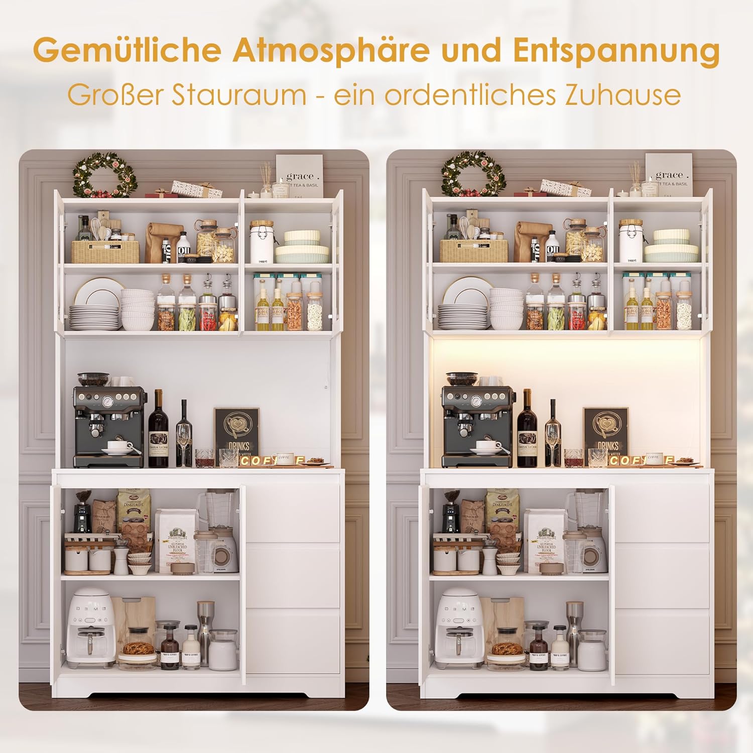 FirFurd Küchenschrank Weiß 180x100x38,5 cm mit LED, Steckdose, Arbeitsplatte, Buffetschrank mit Glastüren & 3 Schubladen