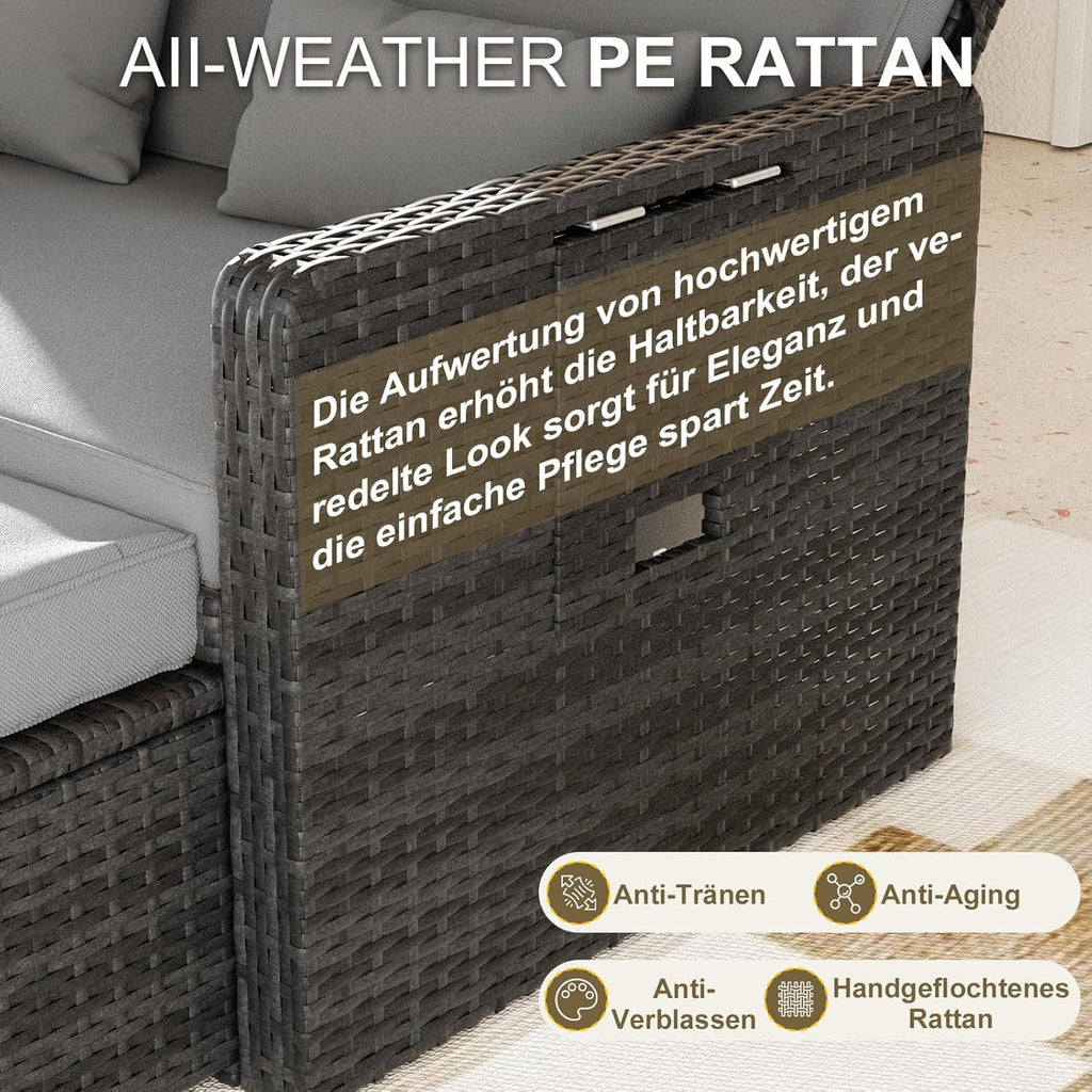 UDPATIO Rattan Lounge Sofa 2-Sitzer Grau meliert mit Hocker & Stauraum, verstellbare Rückenlehne, Metall & PE-Rattan