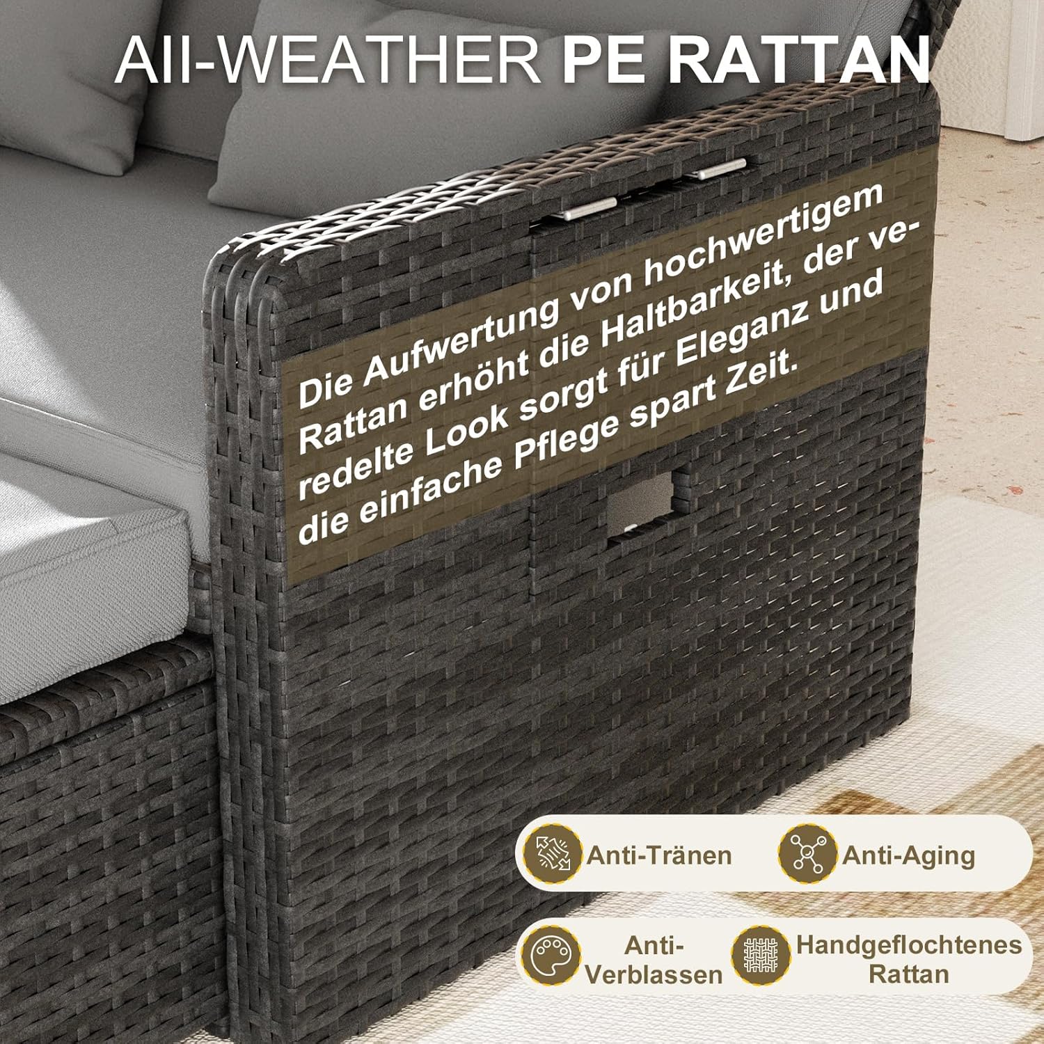 UDPATIO Rattan Lounge Sofa 2-Sitzer Grau meliert mit Hocker & Stauraum, verstellbare Rückenlehne, Metall & PE-Rattan