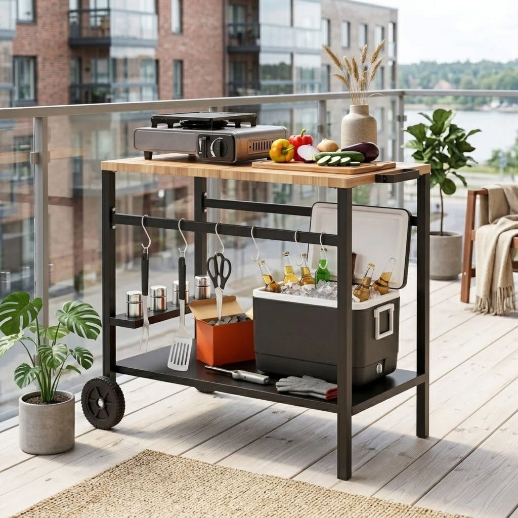 Mobiler Servierwagen mit Rollen und Stauraum – Grilltisch für Innen- und Außenbereich mit Getränkehalter – 97 cm