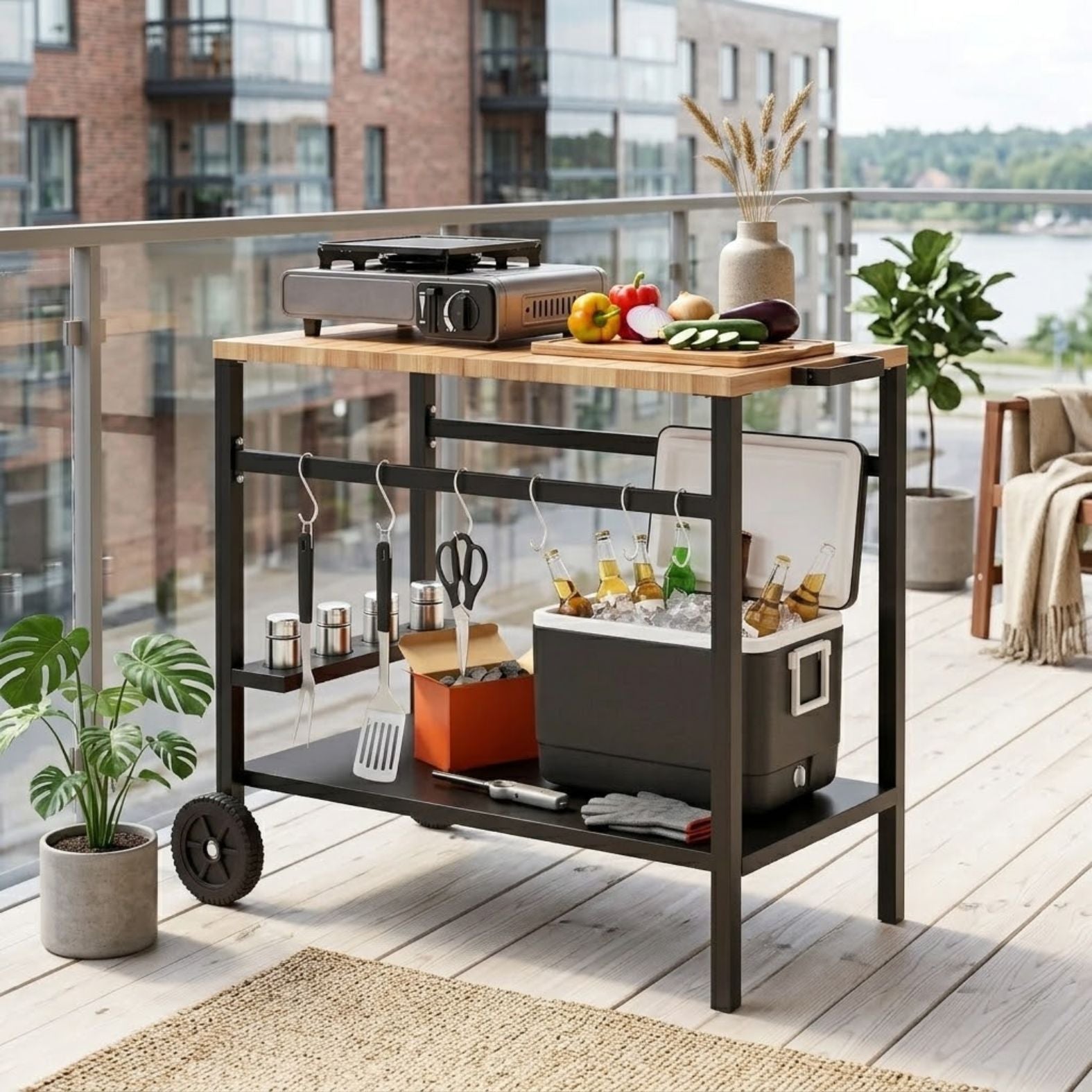 Mobiler Servierwagen mit Rollen und Stauraum – Grilltisch für Innen- und Außenbereich mit Getränkehalter – 97 cm