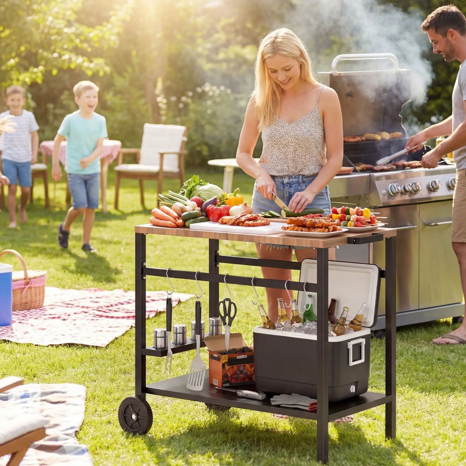 Mobiler Servierwagen mit Rollen und Stauraum – Grilltisch für Innen- und Außenbereich mit Getränkehalter – 97 cm