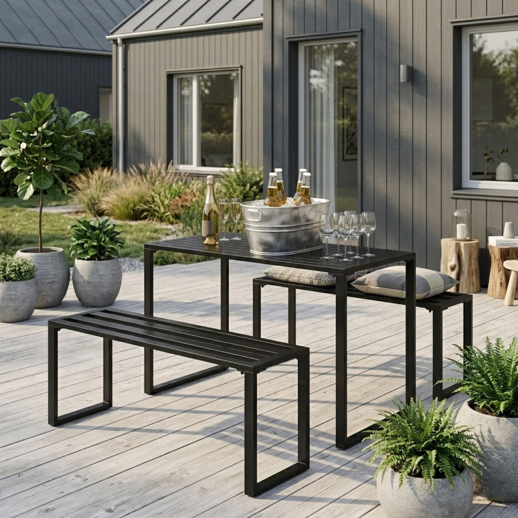 Modernes Gartenset aus Metall – Tisch und 2 Bänke – Schwarz – 4 Personen
