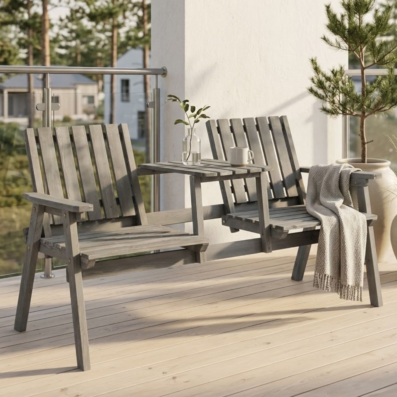 Gartenbank aus Massivholz mit integriertem Tisch – 2-Sitzer – 152 cm – Grau