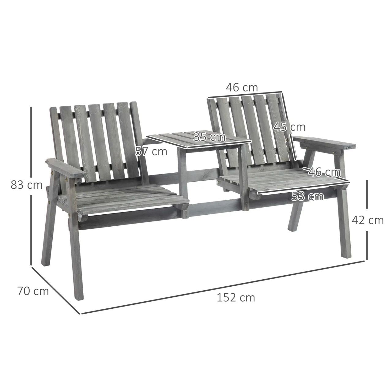 Gartenbank aus Massivholz mit integriertem Tisch – 2-Sitzer – 152 cm – Grau