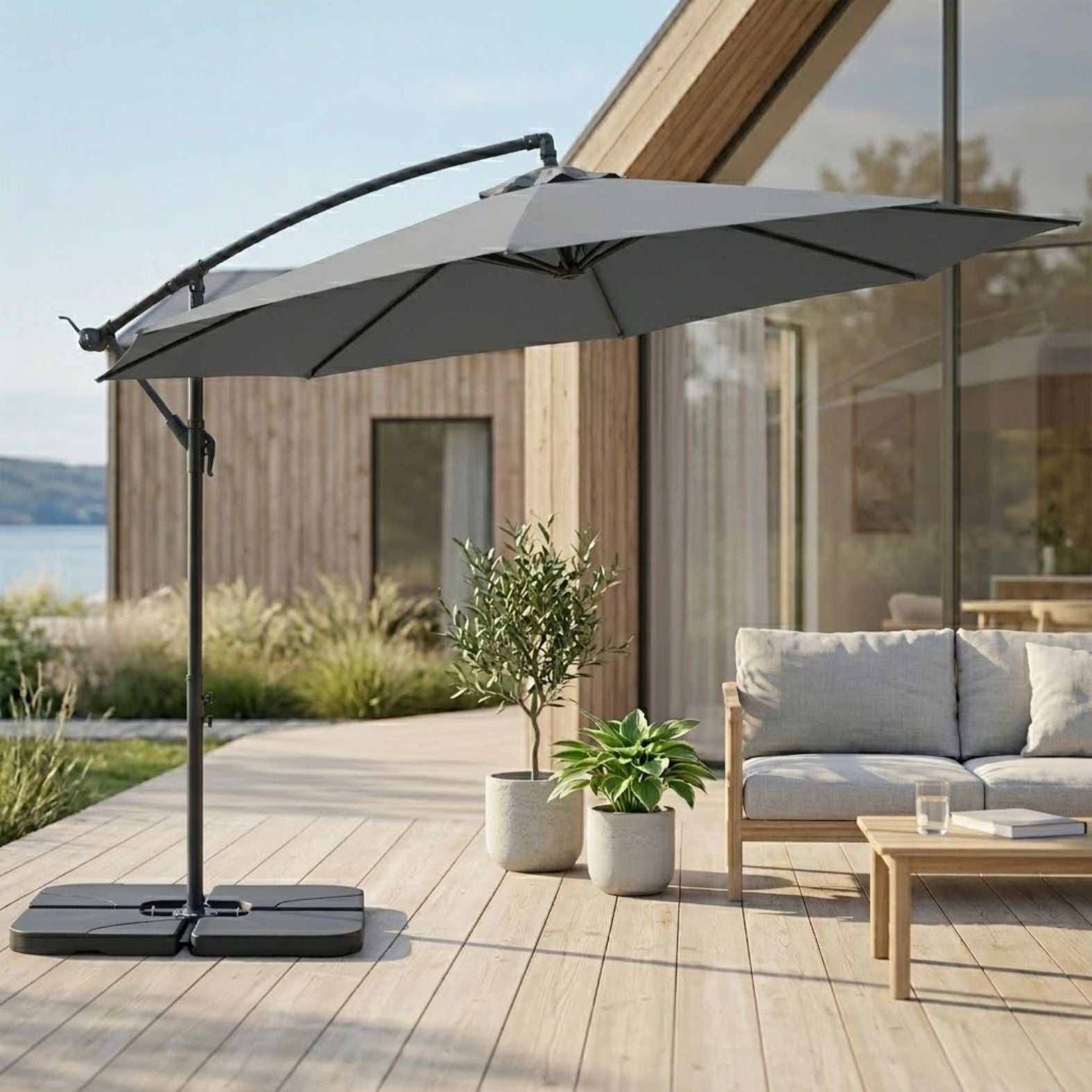 Moderner Hängeampelschirm mit Kreuzfuß und Gewichten – Verstellbarer Sonnenschirm mit UV-Schutz – Ø292 cm – Grau