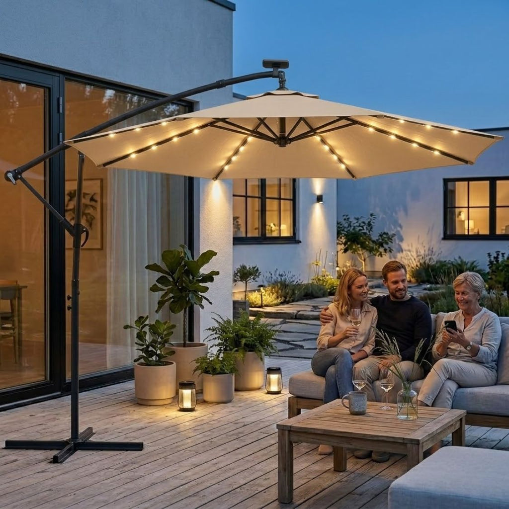 Ampelschirm 3×3 m mit Integrierter LED-Beleuchtung – 360° Verstellbar für Terrasse & Garten