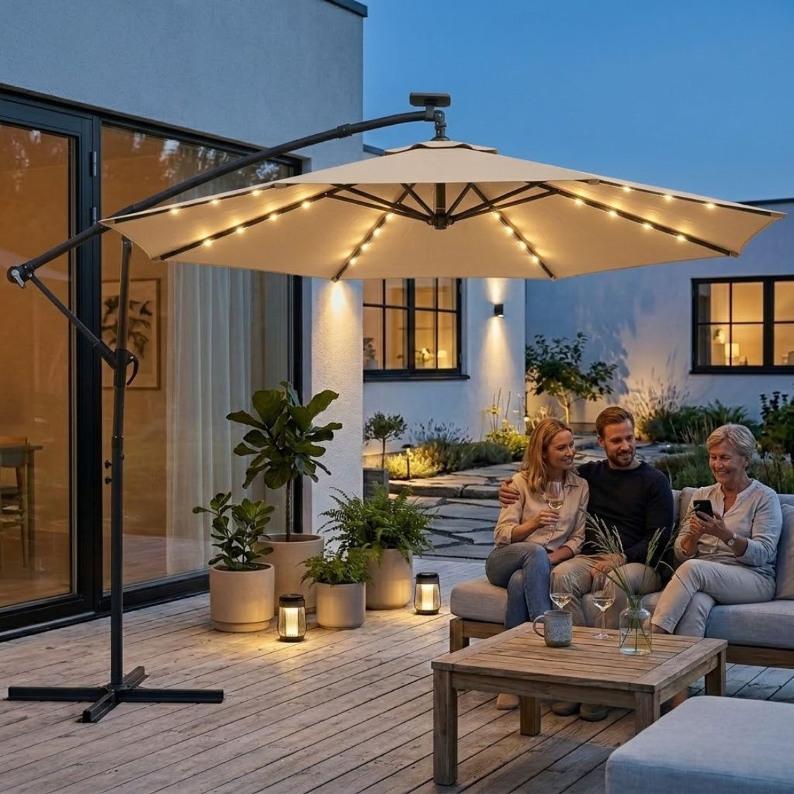 Ampelschirm 3×3 m mit Integrierter LED-Beleuchtung – 360° Verstellbar für Terrasse & Garten